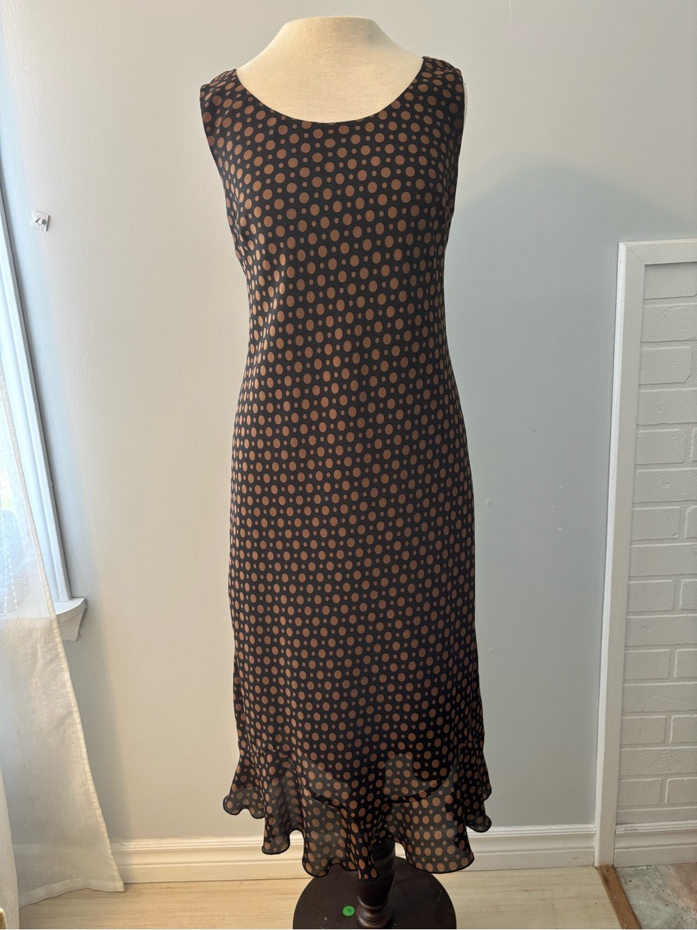 Sleeveless Black Dress with Brown Polka Dots